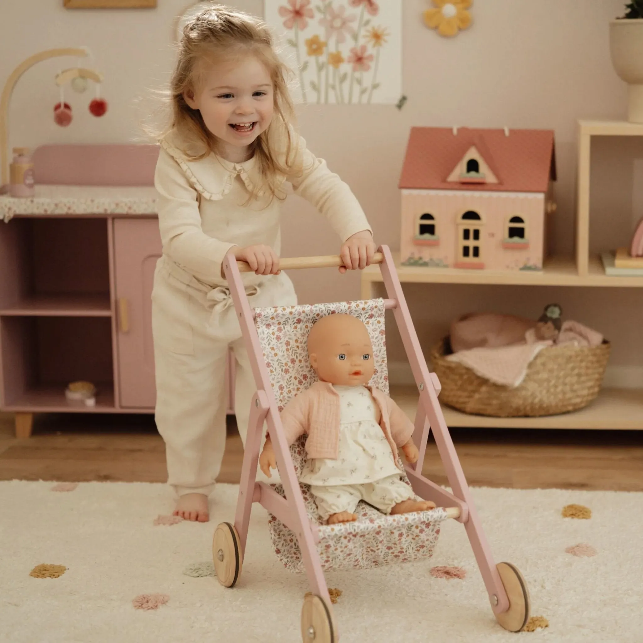Little Dutch Wooden doll stroller - Pink - Essentials Online